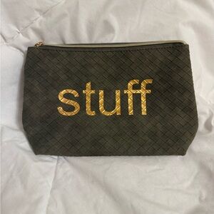Faux Suede Textured Pouch with Gold 'Stuff' Print